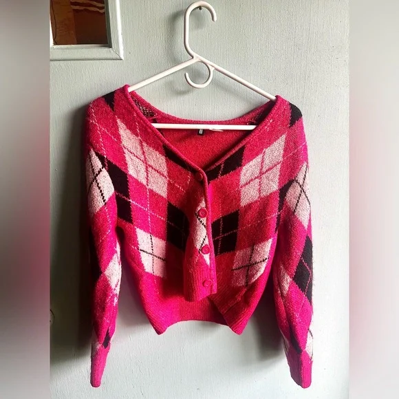H&M Knitted Cardigan V neck Long Sleeve Pink Argyle - Picture 2 of 3